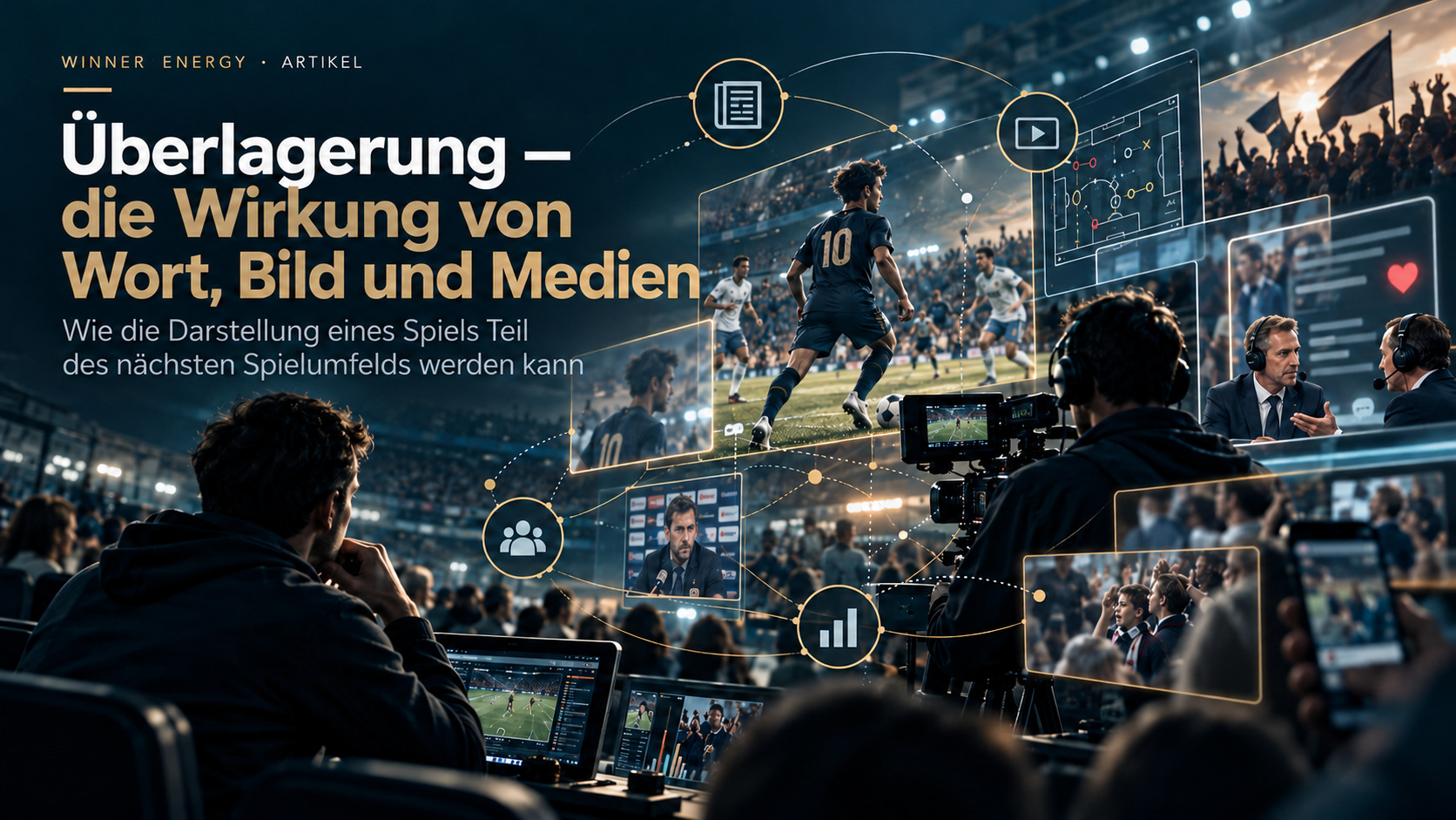 Eine Fußballszene erscheint in Medienbildern, Übertragung und Kommentierung.